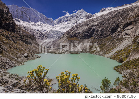 Llaca lake in Cordillera Blanca with snowcapped Andes, Ancash, Peru 96807190