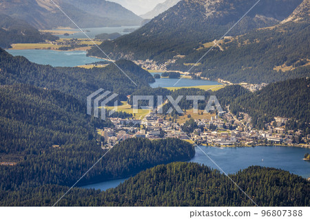 View Above St Moritz from Muottas Muragl of Upper Engadine, Graubunden, Switzerland 96807388