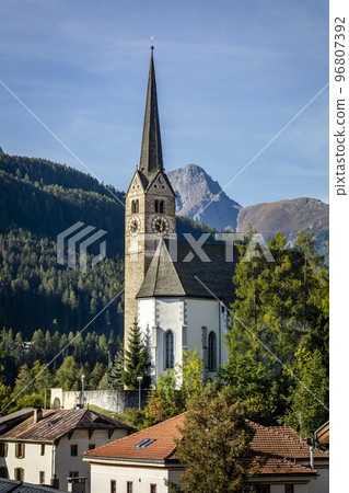 Idyllic landscape of Scuol village, Engadine, Swiss Alps, Switzerland Idyllic landscape of Scuol village, Engadine, Swiss Alps, Switzerland 96807392