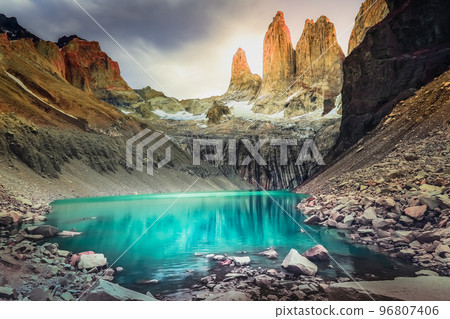 Torres Del Paine granites at sunrise and lake reflection, Chilean Patagonia 96807406