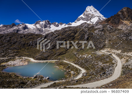 Turquoise Llanganuco lake in Cordillera Blanca, snowcapped Andes, Ancash, Peru Turquoise Llanganuco lake in Cordillera Blanca, snowcapped Andes, Ancash, Peru 96807409
