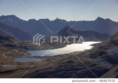 Bernina and Palu mountain range and white lake in the Alps, Engadin, Switzerland 96807410