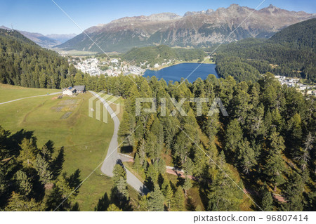 Above St Moritz lake from Muottas Muragl, Engadine, Graubunden, Switzerland 96807414