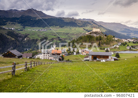 Idyllic landscape of Scuol Tarasp village, Engadine, Swiss Alps, Switzerland 96807421