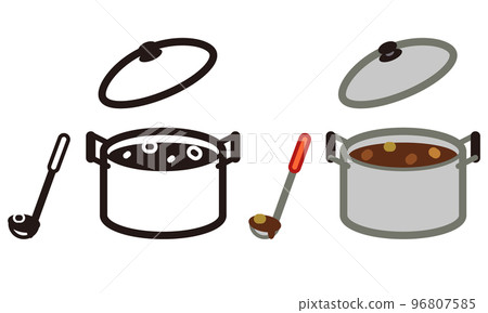 A pot with curry and an egg icon illustration set 96807585