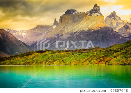 Horns of Paine and Lake Pehoe at sunset, Torres Del Paine, Patagonia, Chile 96807648