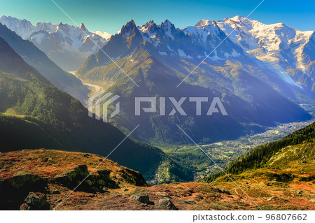Mont Blanc massif idyllic alpine landscape countryside, Chamonix, French Alps Mont Blanc massif idyllic alpine landscape countryside, Chamonix, French Alps 96807662