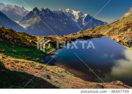 Mont Blanc and idyllic lake Cheserys reflection, Chamonix, French Alps 96807799