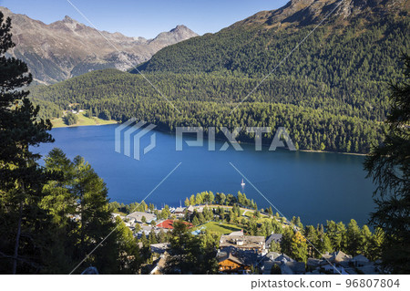 Sailing on St Moritz lake, view above Engadine, Graubunden, Switzerland 96807804