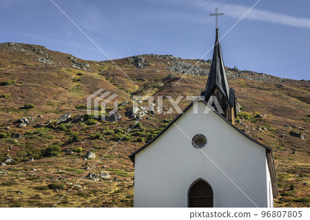 Idyllic landscape of church near Davos, Engadine, Swiss Alps, Switzerland 96807805