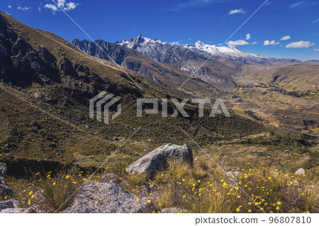 Trekking path, mountain pass in Huascaran, Cordillera Blanca, Ancash, Peru Trekking path, mountain pass in Huascaran, Cordillera Blanca, Ancash, Peru 96807810