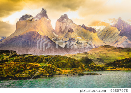 Horns of Paine and Lake Pehoe at sunset, Torres Del Paine, Patagonia, Chile Horns of Paine and Lake Pehoe at sunset, Torres Del Paine, Patagonia, Chile 96807978