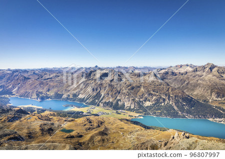 Above Silvaplana lake, Sils and Maloja from Piz Corvatsch, Engadine, Switzerland 96807997