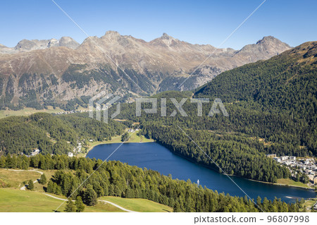 Sailing on St Moritz lake, view above Engadine, Graubunden, Switzerland 96807998