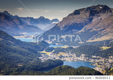 View Above St Moritz from Muottas Muragl of Upper Engadine, Graubunden, Switzerland View Above St Moritz from Muottas Muragl of Upper Engadine, Graubunden, Switzerland 96808011