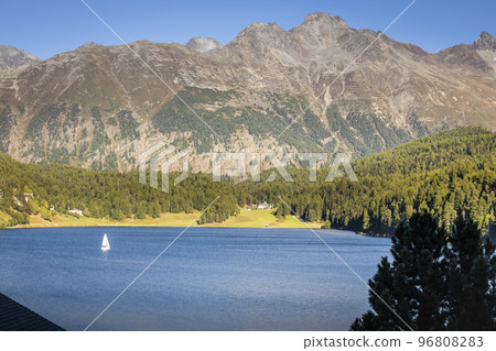 Sailing on St Moritz lake, view above Engadine, Graubunden, Switzerland 96808283