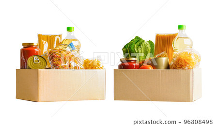 Foodstuffs in donation box isolated on white background for volunteer to help people. 96808498