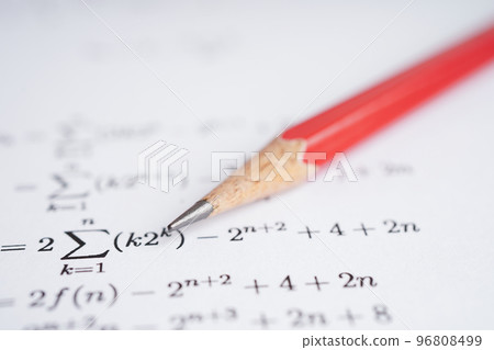 Pencil on mathematic formula exercise test paper in education school. 96808499