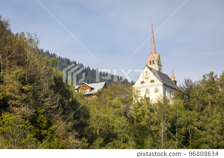 Idyllic landscape of church in Engadine valley, Swiss Alps, Switzerland Idyllic landscape of church in Engadine valley, Swiss Alps, Switzerland 96808634