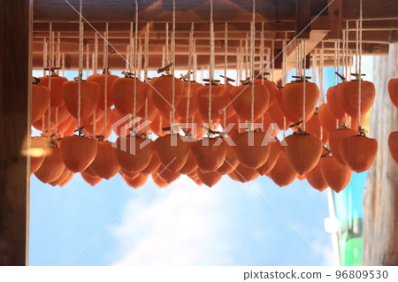 Dried persimmons hanging under the eaves Making dried persimmons A winter tradition in front of the eaves of a farmhouse Dried persimmons hanging under the eaves Making dried persimmons A winter tradition in front of the eaves of a farmhouse 96809530
