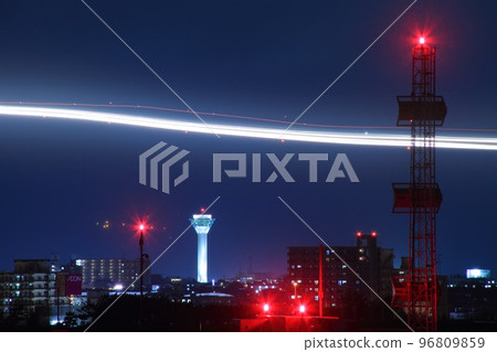Hakodate Airport at night Light traces of landing aircraft 96809859