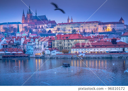Charles bridge at dramatic evening with doves, Medieval Prague, Czech Republic Charles bridge at dramatic evening with doves, Medieval Prague, Czech Republic 96810172