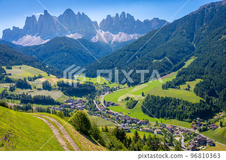 Idyllic Val di Funes neat St. Magdalena, Dolomites alps in Northern Italy Idyllic Val di Funes neat St. Magdalena, Dolomites alps in Northern Italy 96810363