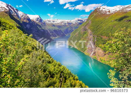 Peaceful Geirangerfjord with boat and waterfall, Norway , Scandinavia 96810373