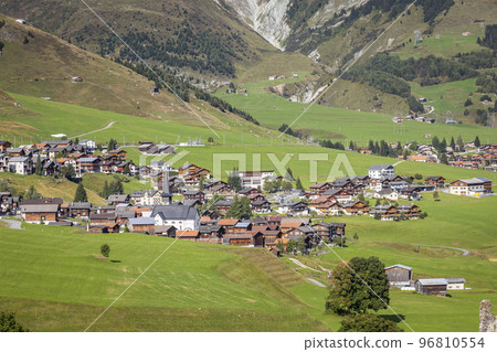 Idyllic landscape of village in Graubunden Canton, Swiss Alps, Switzerland Idyllic landscape of village in Graubunden Canton, Swiss Alps, Switzerland 96810554