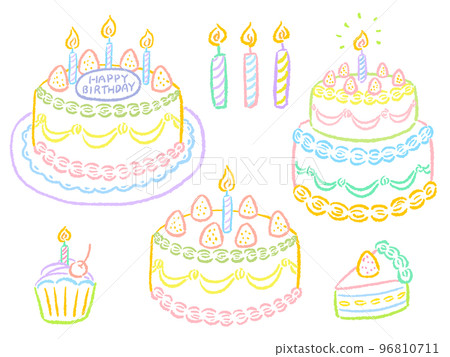 Birthday cake Colorful, simple and cute hand drawn line drawing illustration set 96810711