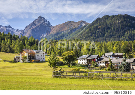 Idyllic landscape of Scuol Tarasp village, Engadine, Swiss Alps, Switzerland 96810816