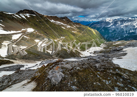 Stelvio mountain pass, impressive dramatic road in italian alps, Italy Stelvio mountain pass, impressive dramatic road in italian alps, Italy 96810819