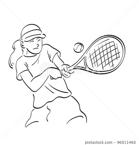 line art athlete Asian woman playing tennis and hitting ball with racket illustration vector hand drawn isolated on white background 96811468
