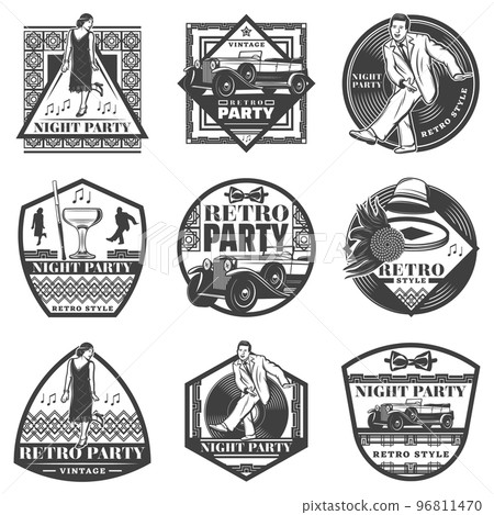 Vintage Monochrome Retro Party Labels Set 96811470