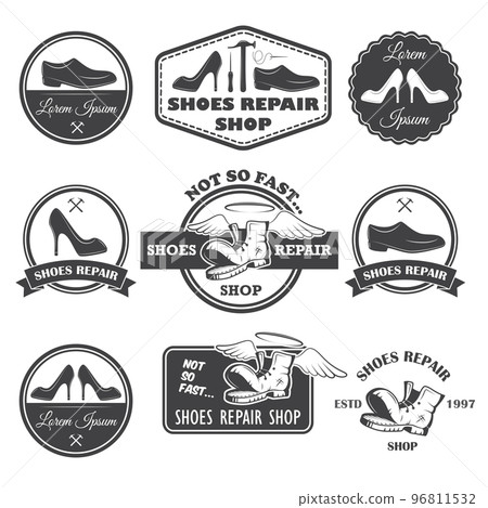 Set of vintage shoes repair labels, emblems and designed element Set of vintage shoes repair labels, emblems and designed element 96811532