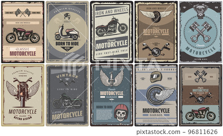 Vintage Colored Motorcycle Posters Set Vintage Colored Motorcycle Posters Set 96811626