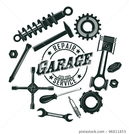 Monochrome Vintage Garage Tools Round Concept 96811853