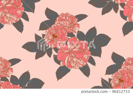 Floral seamless pattern of roses and leaves in coral, pink, dark grey colors with bronze outline. Wallpaper design for textile, paper, print, fashion, card background, beauty products. Floral seamless pattern of roses and leaves in coral, pink, dark grey colors with bronze outline. Wallpaper design for textile, paper, print, fashion, card background, beauty products. 96812733