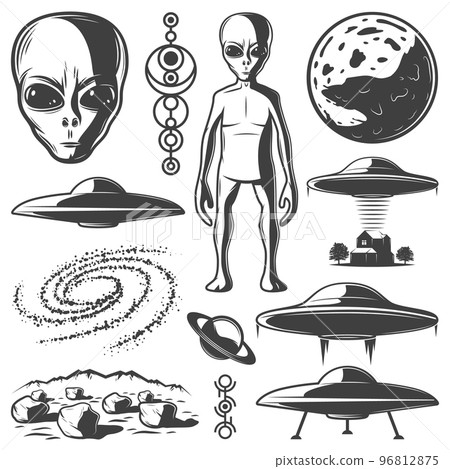Vintage Monochrome UFO Elements Set Vintage Monochrome UFO Elements Set 96812875