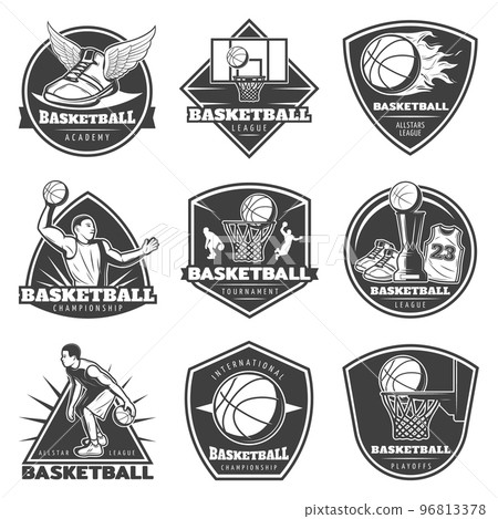 Monochrome Vintage Basketball Labels Set Monochrome Vintage Basketball Labels Set 96813378