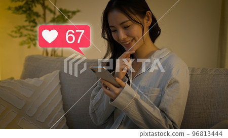 穿著睡衣的年輕女子操作智能手機 96813444