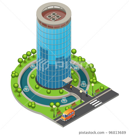 Isometric Modern Glass Office Building Concept Isometric Modern Glass Office Building Concept 96813689