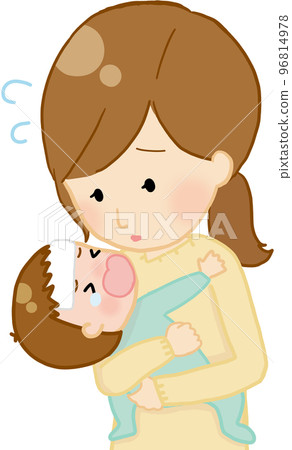 Mom soothes a baby who is displeased with fever 96814978