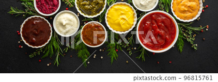Sauces in bowls with seasonings 96815761