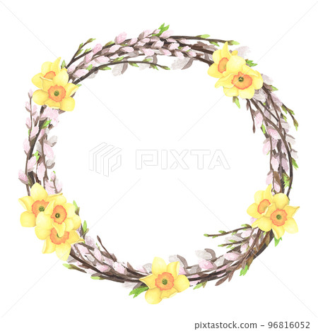 Spring pussy willow twigs wreath watercolor, flower daffodil isolated on white Hand drawing Easter illustration design 96816052