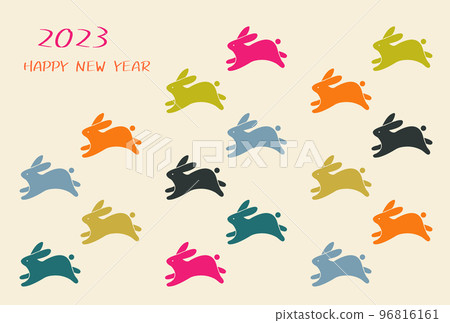 Year of the Rabbit 2023 Colorful New Year's card template with lots of rabbits Year of the Rabbit 2023 Colorful New Year's card template with lots of rabbits 96816161