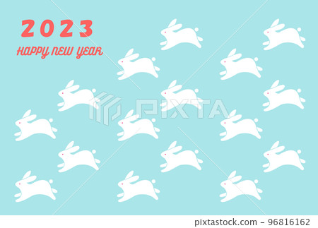 兔年 2023 年新年賀卡模板,淺藍色背景上有很多白兔 兔年 2023 年新年賀卡模板,淺藍色背景上有很多白兔 96816162