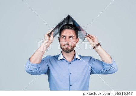 unshaven male employer in formalwear or office manager with computer, broker 96816347