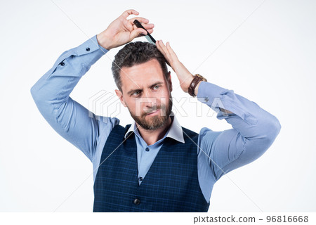 handsome man comb his hair with brush, barbershop handsome man comb his hair with brush, barbershop 96816668