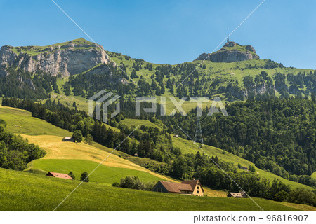 Landscape in the Appenzell Alps, view to Mt. Hoher Kasten, Bruelisau, Canton Appenzell, Switzerland 96816907